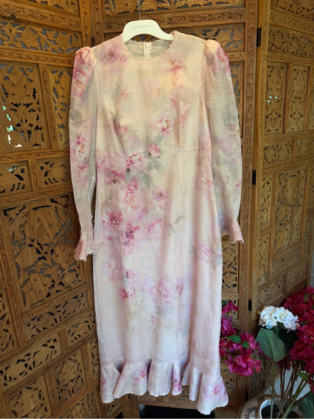 Zimmermann Pale Pink Floral Long Sleeve Midi Dress